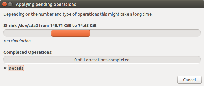 GParted - операция resize disk, progress