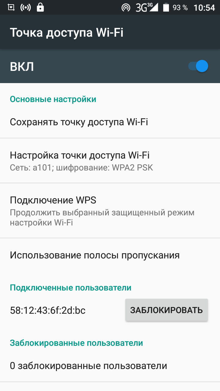 Андроид 6 - Настройки - Беспроводные сети - Точка доступа включена